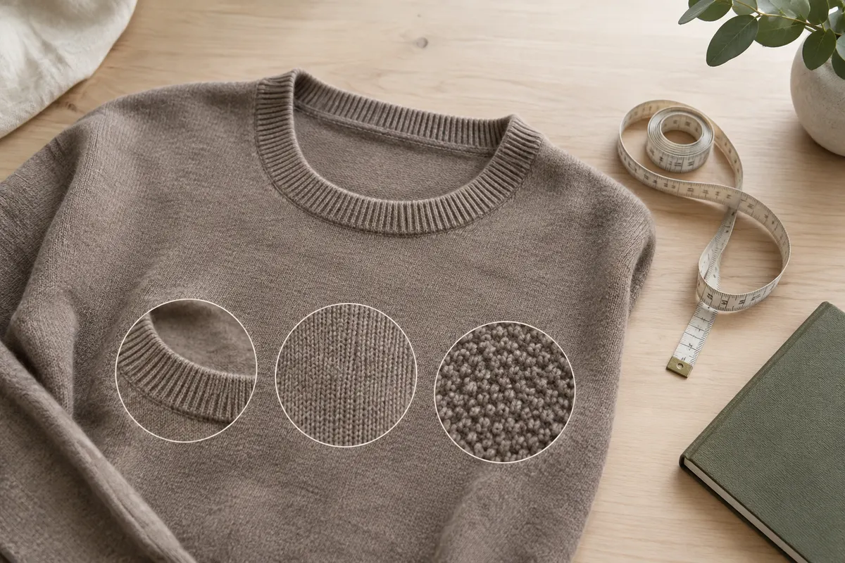 Pulls en mérinos aux cols et mailles variés posés près d’un mètre ruban pour comparer leurs formes