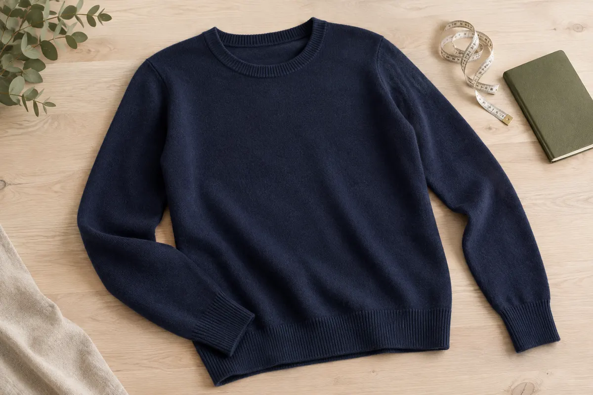 Pull en mérinos bleu nuit posé à plat, avec ses épaules, son encolure et ses manches bien visibles.