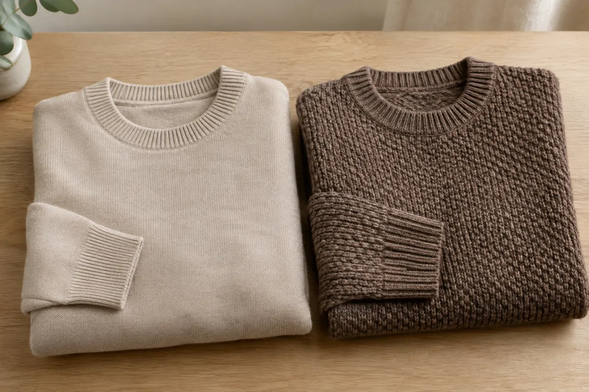 Deux pulls en mérinos posés à plat, l’un en maille fine et l’autre en tricot plus épais.