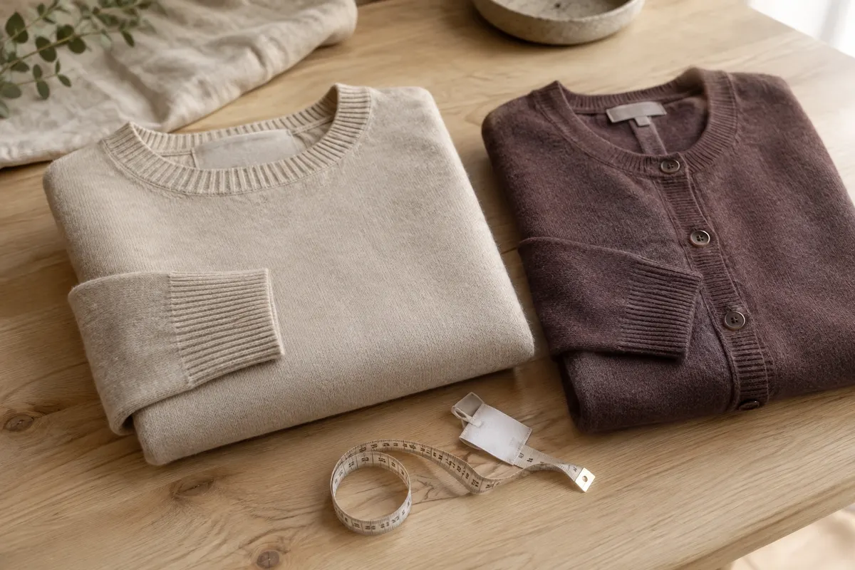 Pull en mérinos et cardigan pliés près d’un ruban de mesure, mettant en évidence la maille et les finitions.