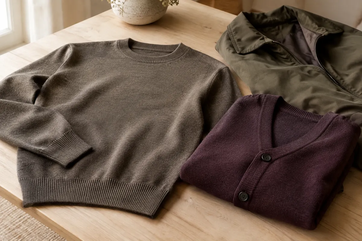 Pull en mérinos à maille fine et cardigan plié, montrant leurs textures et leurs épaisseurs différentes