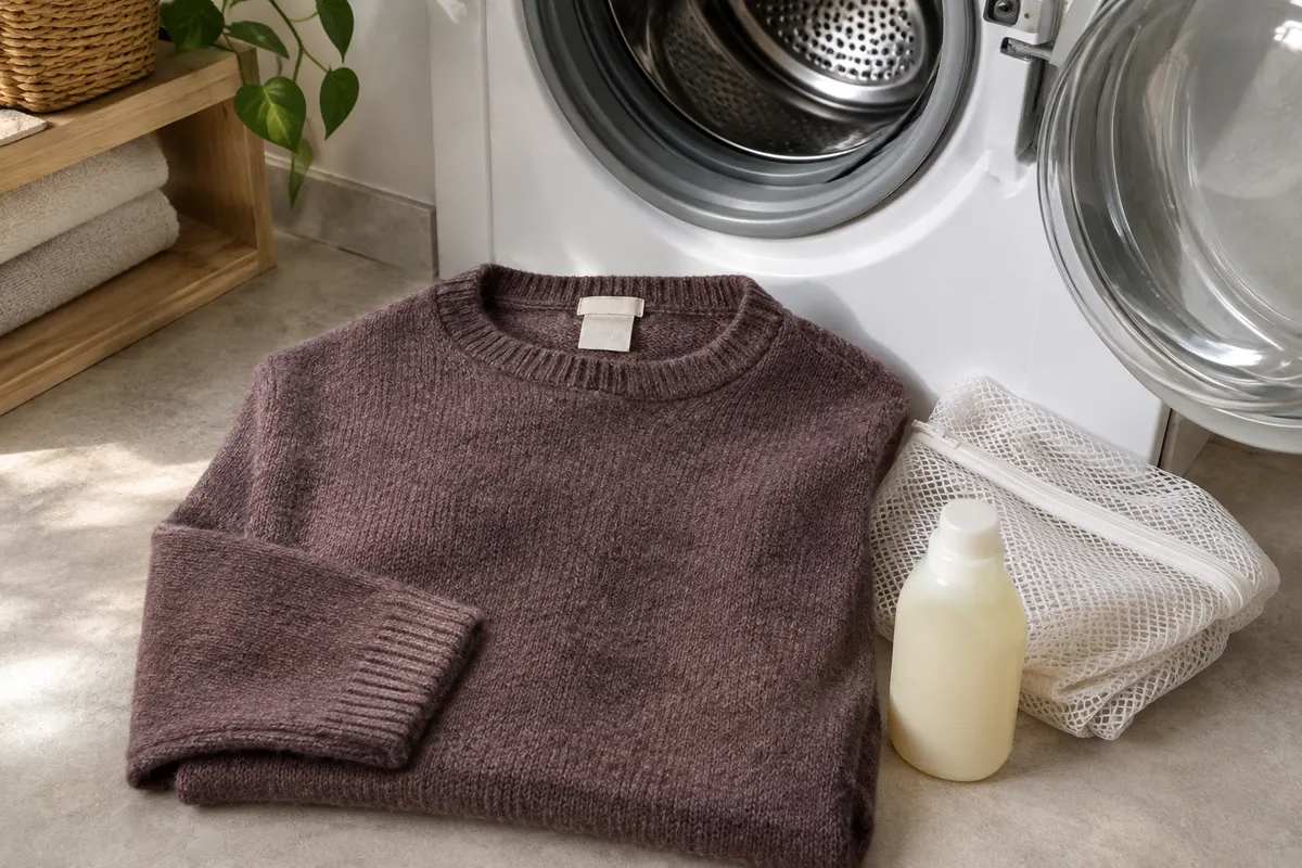 Pull en mérinos posé près d’une machine à laver, avec un filet de lavage et une lessive pour la laine
