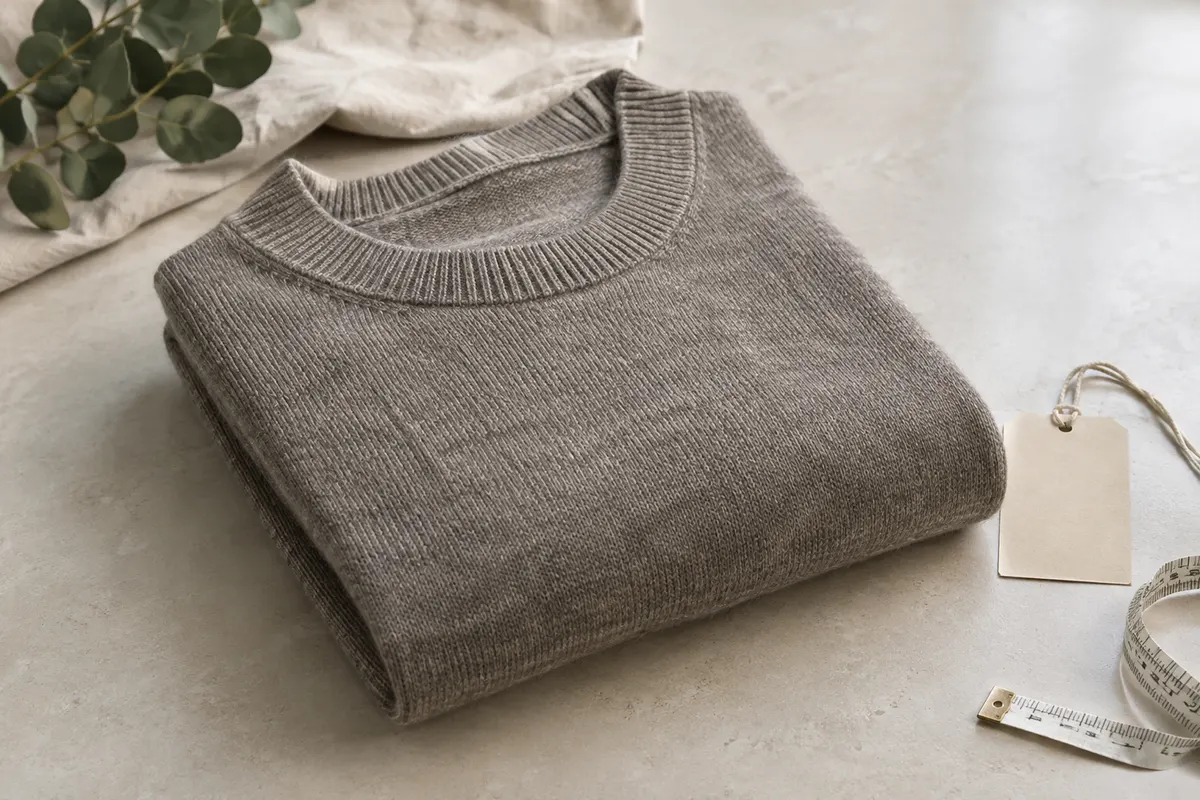 Pull en maille mérinos plié près d’une étiquette textile et d’un mètre ruban