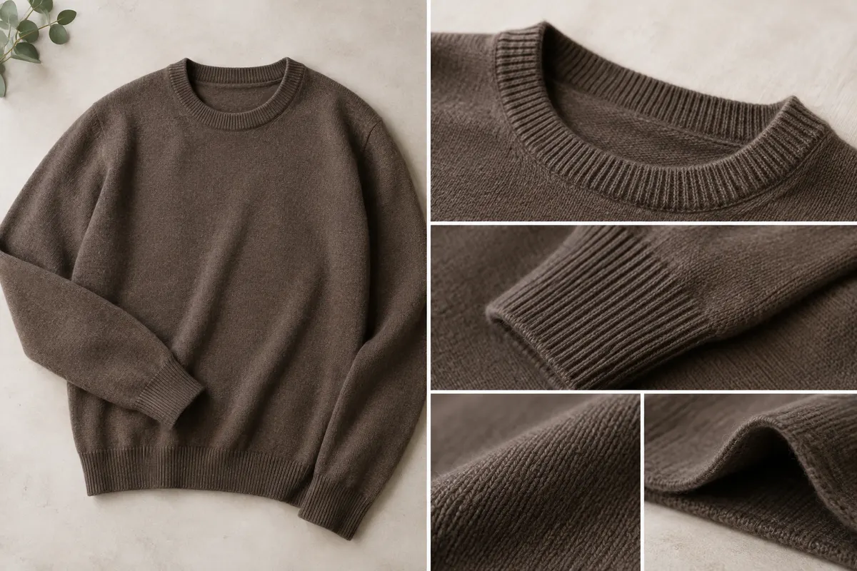 Pull en mérinos posé à plat, avec un détail rapproché de la texture de la maille et des finitions.