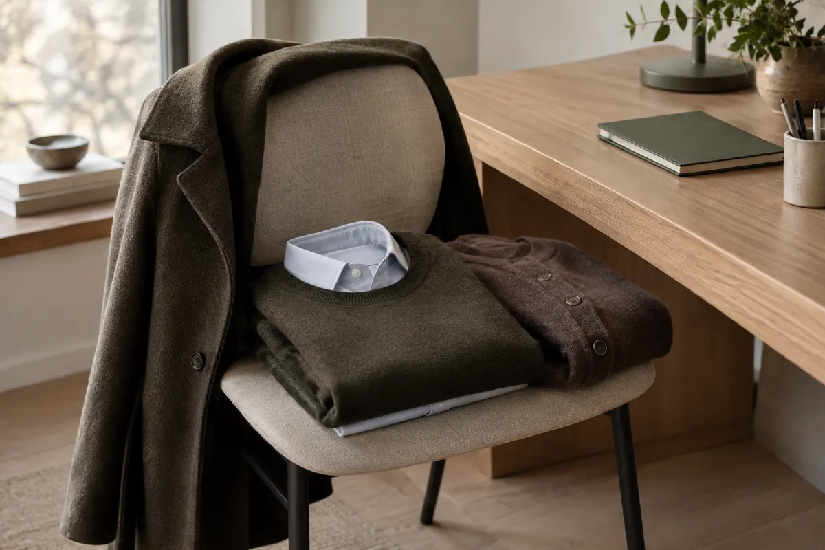 Pull fin en mérinos posé avec une chemise et un cardigan dans un bureau sobre