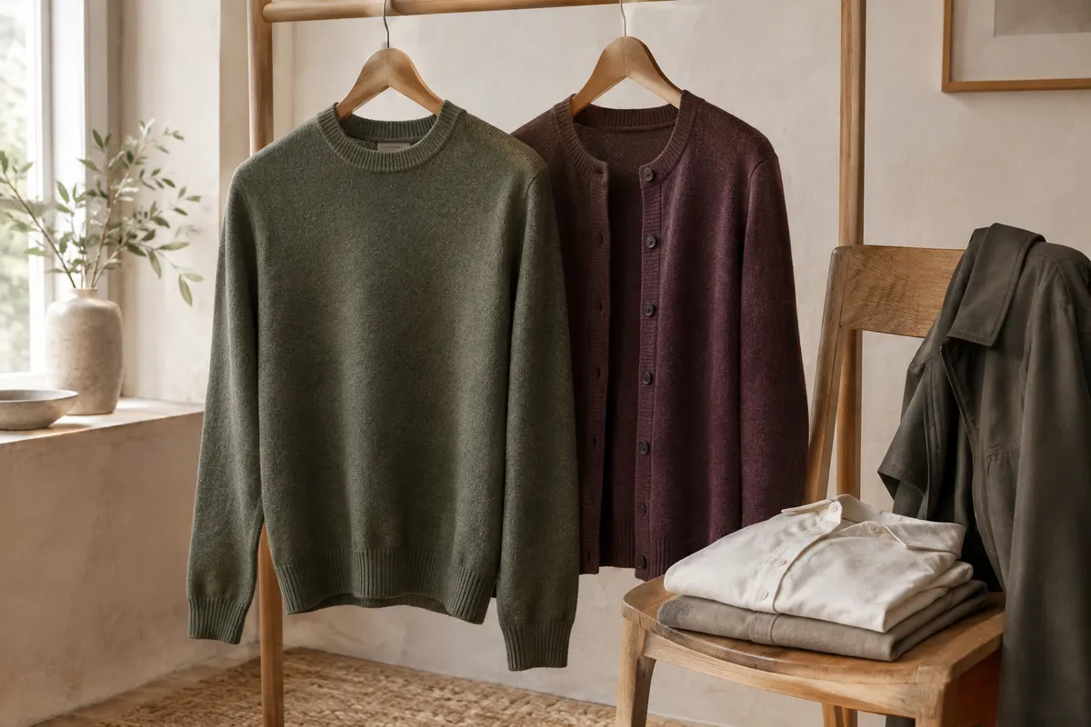 Pull mérinos à col rond et cardigan boutonné présentés côte à côte pour comparer leur superposition