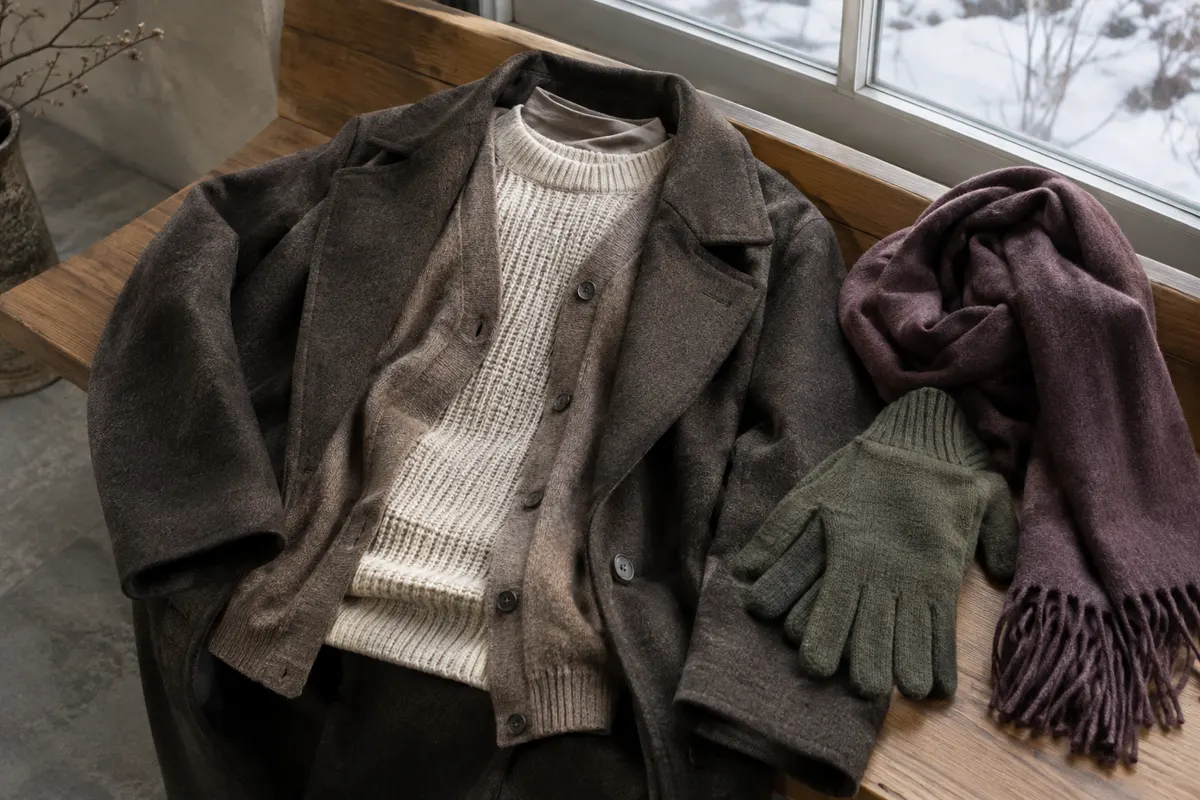 Pull en mérinos, cardigan et manteau réunis pour illustrer la superposition des couches en hiver.