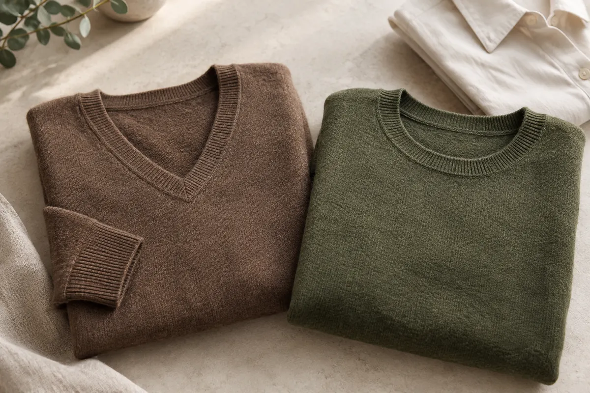 Pulls en mérinos à col V et à col rond posés près d’une chemise pour comparer les encolures