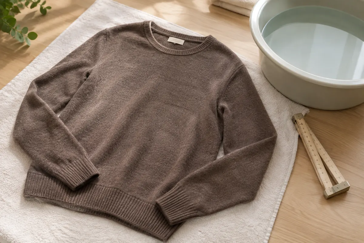 Pull mérinos posé à plat avec une règle de couture, prêt à être vérifié après lavage et séchage.