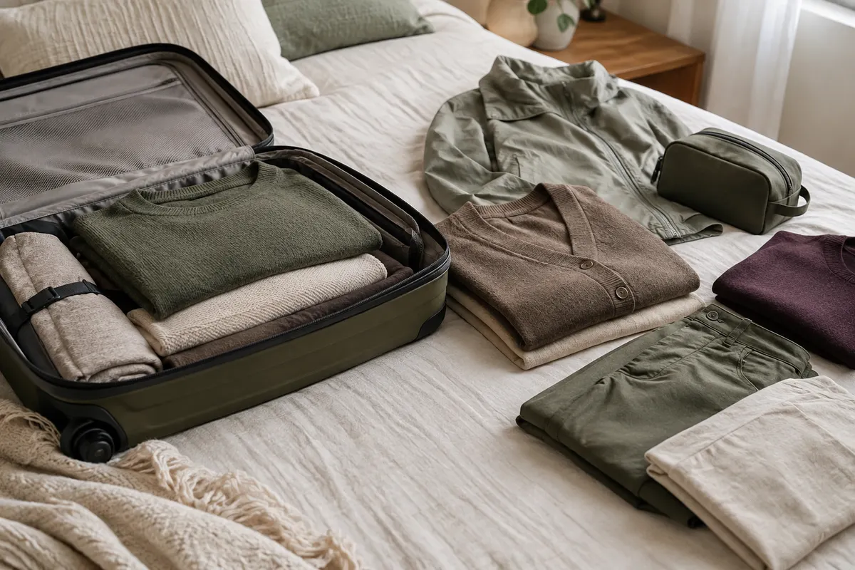 Bagage ouvert avec un pull en mérinos plié et des vêtements coordonnés préparés pour un voyage léger