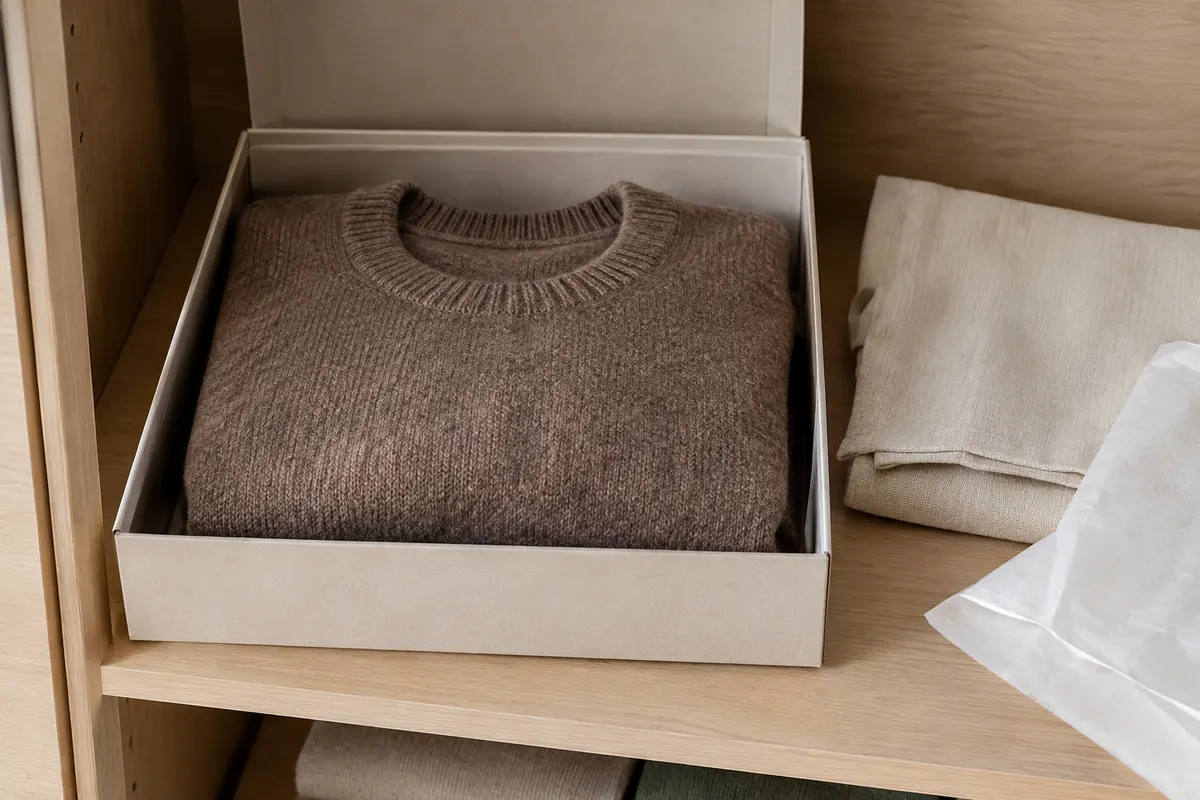 Pull en mérinos plié dans une boîte de rangement propre, prêt à être conservé hors saison.