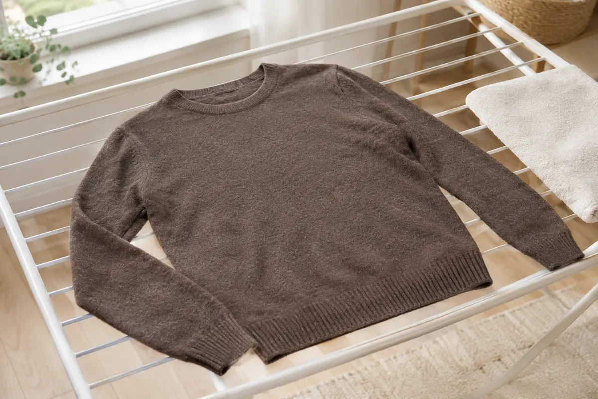 Pull mérinos femme posé à plat sur une grille, manches alignées et sans pinces