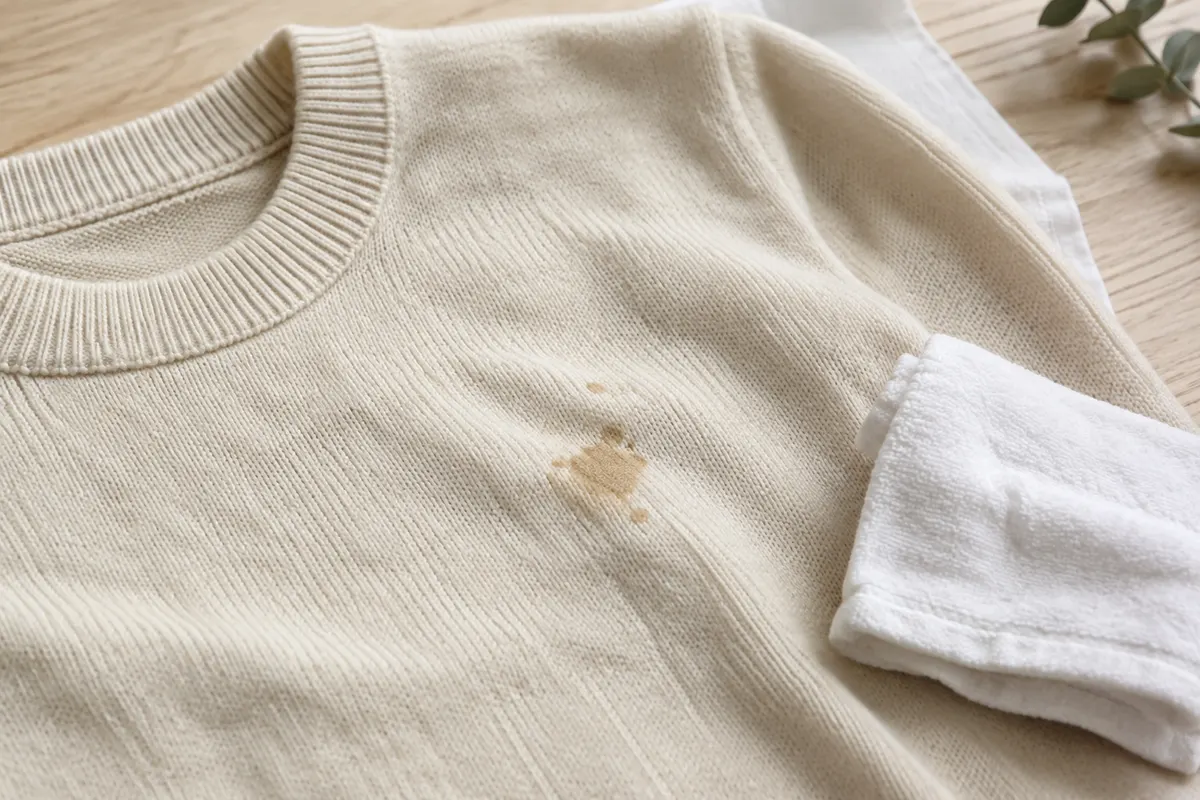 Pull mérinos crème posé à plat avec une petite tache et un linge blanc pour la tamponner