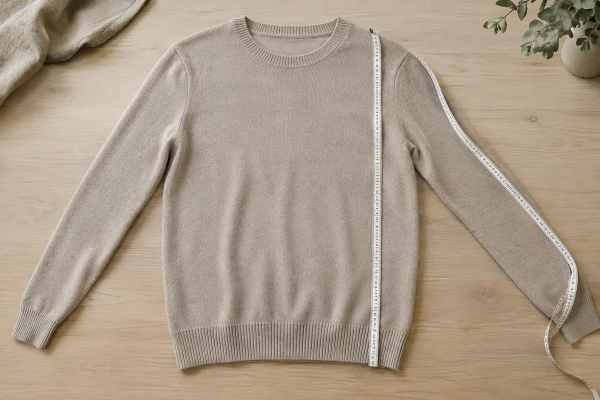 Pull en mérinos posé à plat avec un mètre ruban le long du buste et d’une manche