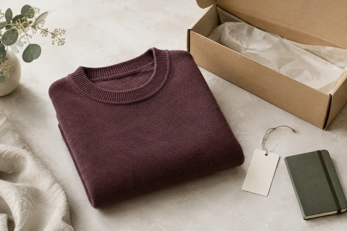 Pull en mérinos plié près d’un carton de retour, avec sa maille fine et ses étiquettes visibles
