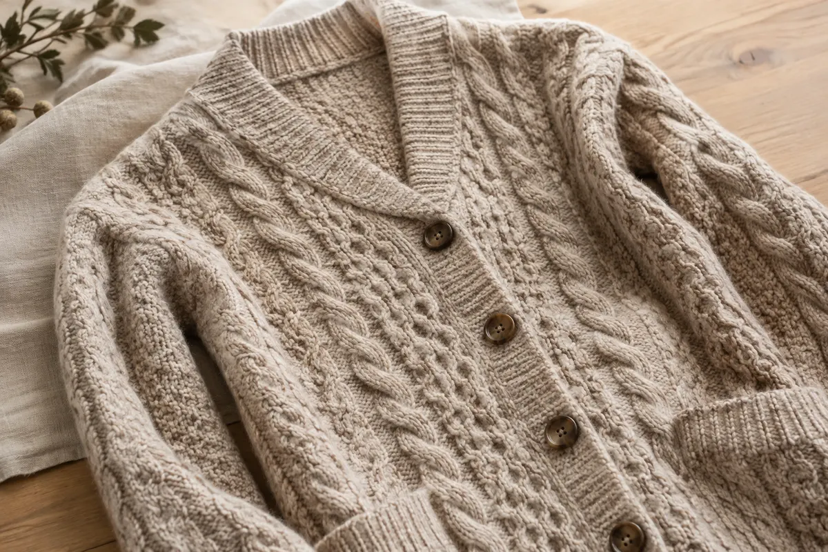 Cardigan manteau en laine mérinos à maille torsadée Aran présenté sur du lin naturel