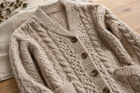 Cardigan manteau en laine mérinos à maille torsadée Aran présenté sur du lin naturel