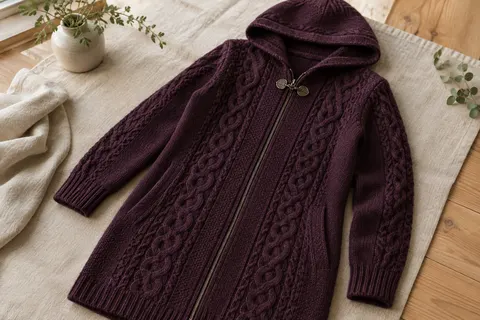 Cardigan long prune en laine mérinos avec capuche, fermeture zippée et torsades irlandaises