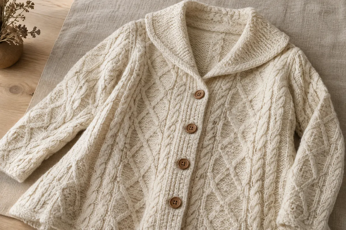 Cardigan en mérinos blanc naturel à motif Aran losanges, col évasé et boutons en bois