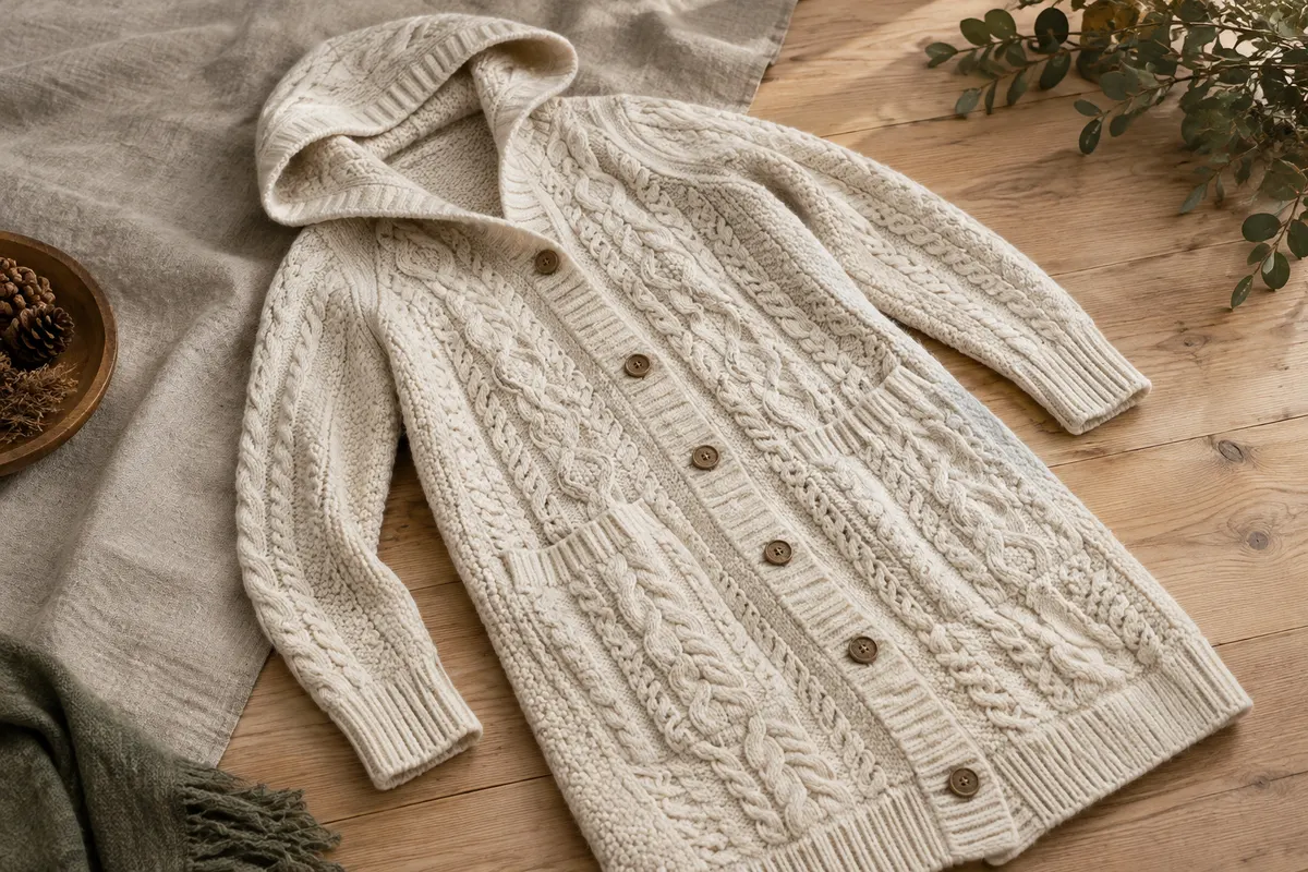 Cardigan boutonné en mérinos blanc naturel, avec maille Aran torsadée présenté sur du bois clair.