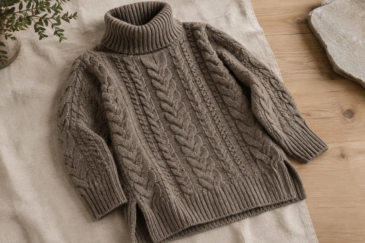Pull pour femme en laine mérinos torsadée avec col roulé ample et fentes latérales