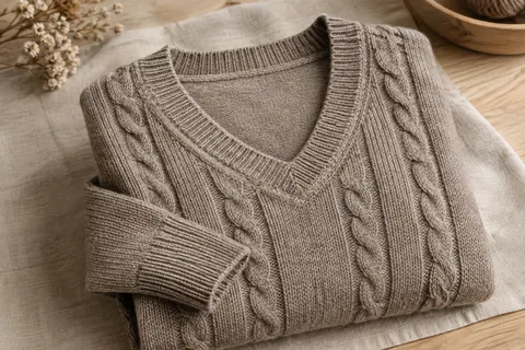 Pull en mérinos naturel à col en V et maille torsadée présenté sur du lin et du bois clair