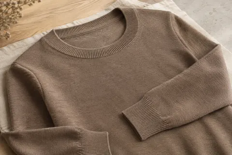 Pull femme à col rond en maille mérinos présenté à plat sur du lin et une surface en bois clair