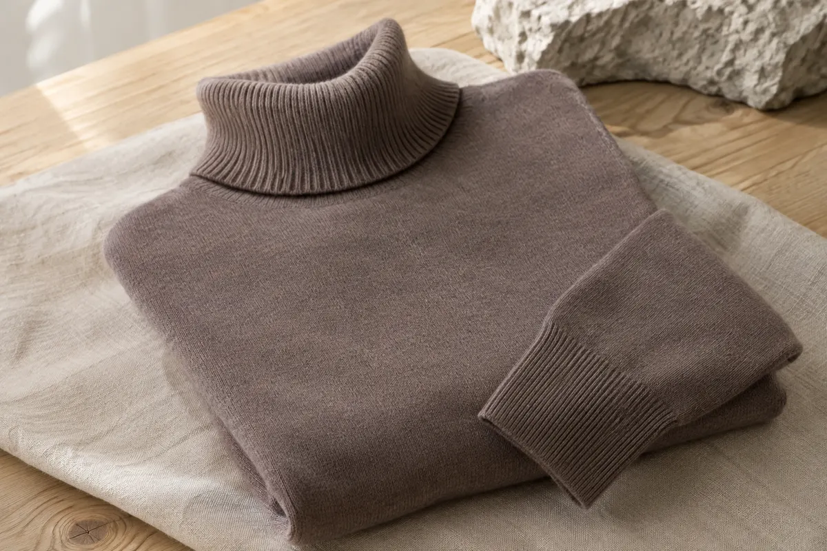 Pull Chanyarn à col roulé en laine mérinos, présenté plié pour montrer la maille et les finitions