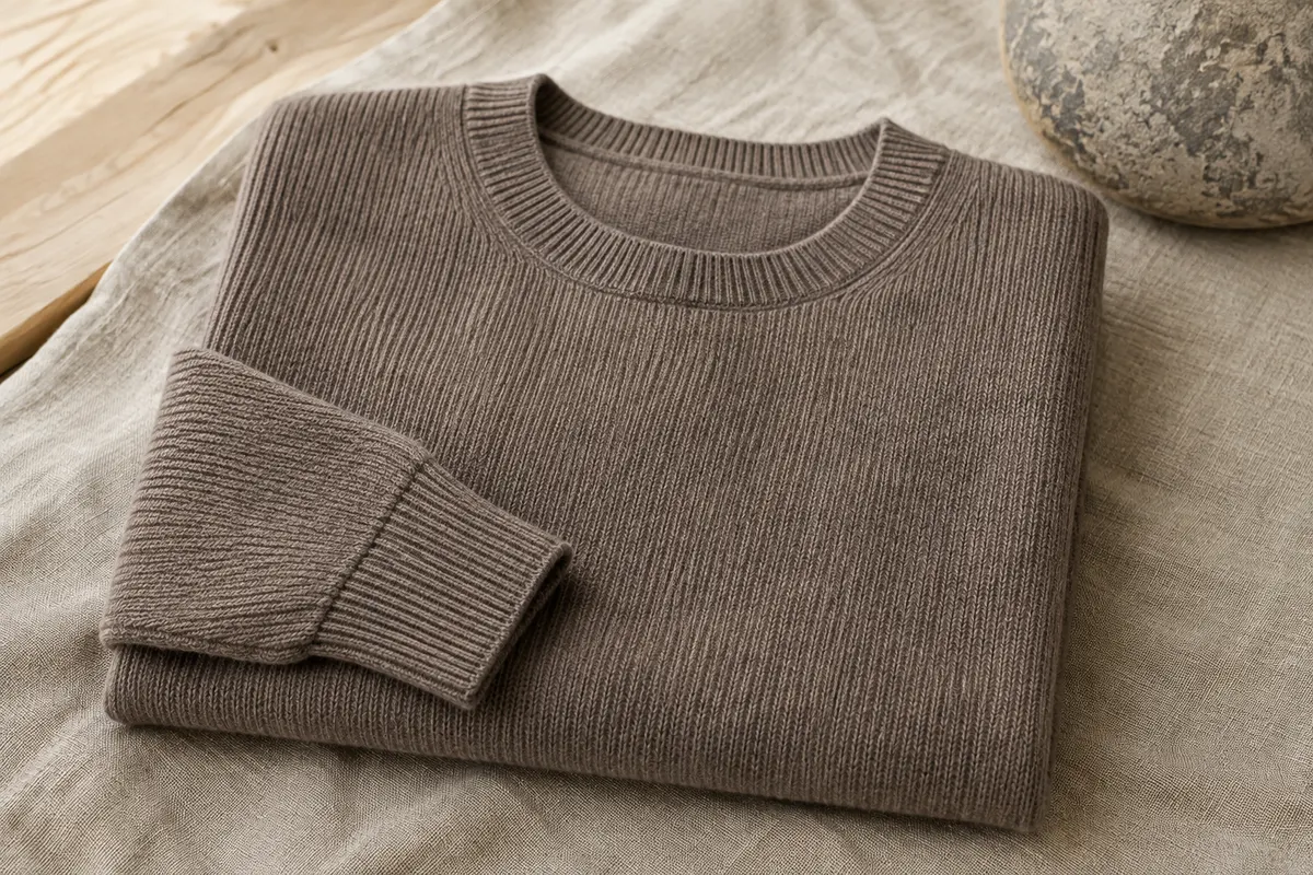 Pull femme uni à col rond en laine mérinos, maille texturée présenté sur du lin et du bois clair