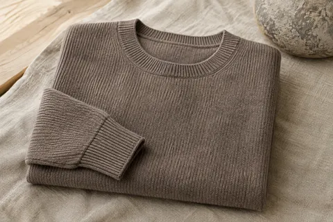 Pull femme uni à col rond en laine mérinos, maille texturée présenté sur du lin et du bois clair