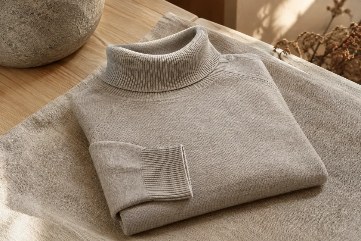 Pull femme en mérinos à col roulé et manches longues, posé sur du lin naturel près de bois clair
