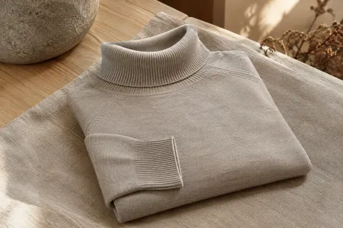 Pull femme en mérinos à col roulé et manches longues, posé sur du lin naturel près de bois clair