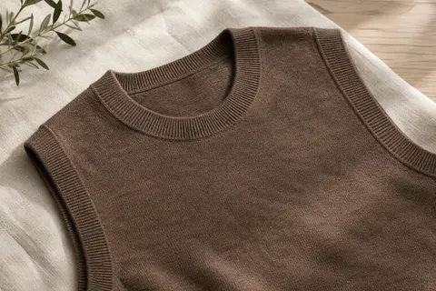 Pull sans manches en laine mérinos présenté à plat sur du lin, avec un cadrage rapproché sur la maille.