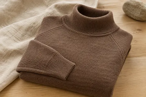 Haut thermique à col haut en maille mérinos présenté sur du lin naturel et du bois clair.