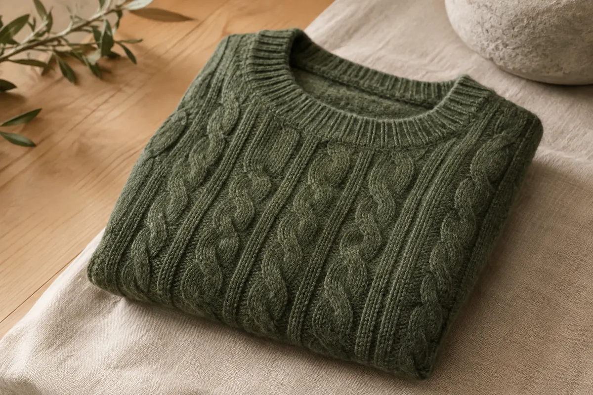 Pull femme en maille torsadée de mérinos et cachemire posé sur du lin naturel, avec l’encolure visible