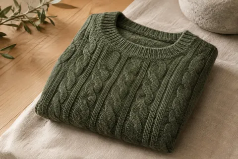 Pull femme en maille torsadée de mérinos et cachemire posé sur du lin naturel, avec l’encolure visible