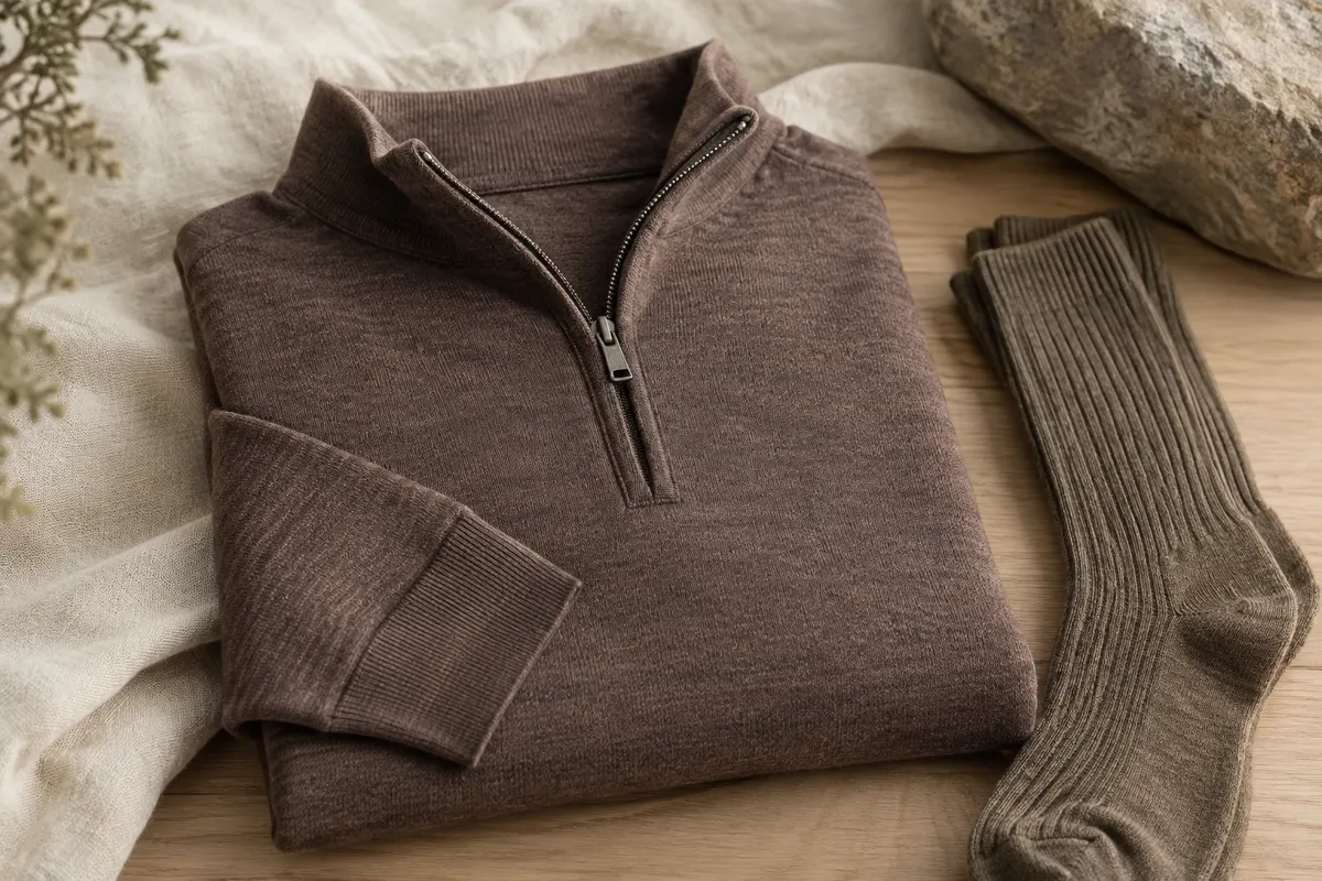 Haut manches longues en mérinos à demi-zip, plié près d’une paire de chaussettes sur du lin naturel.