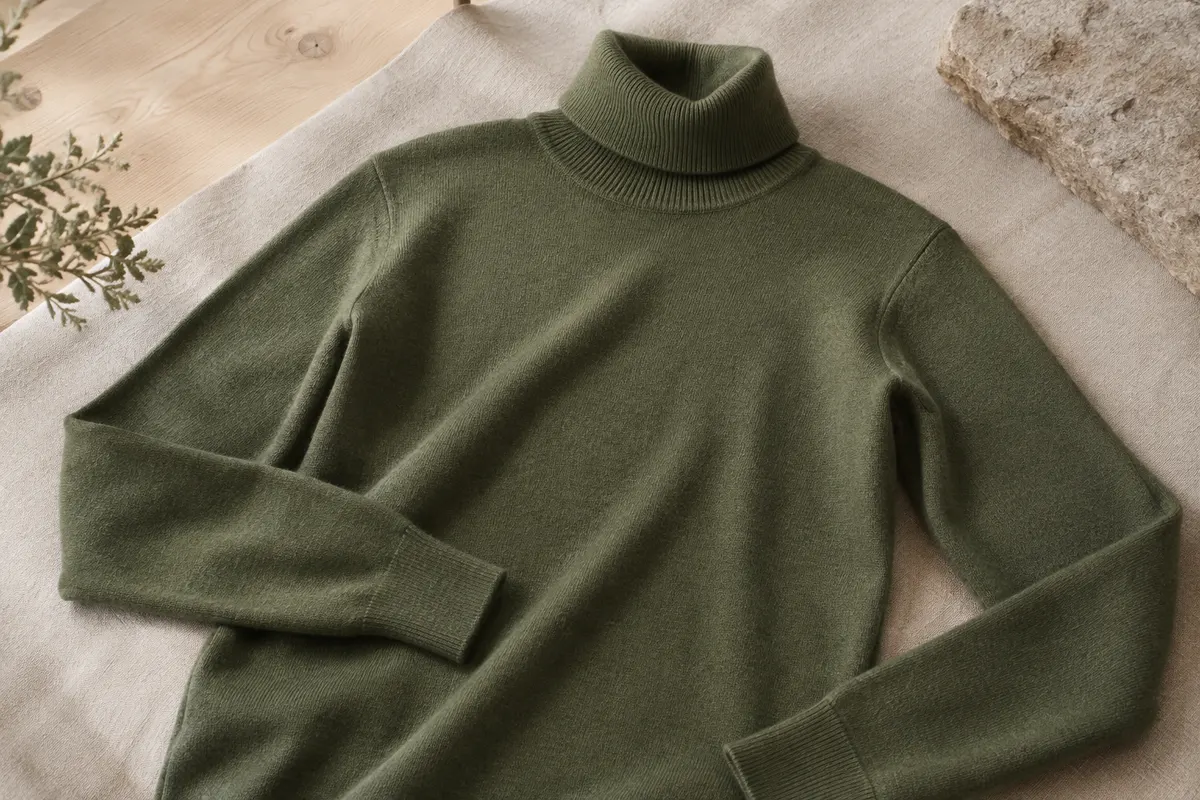 Pull femme en mérinos à manches longues et col roulé rabattable, présenté sur du lin naturel
