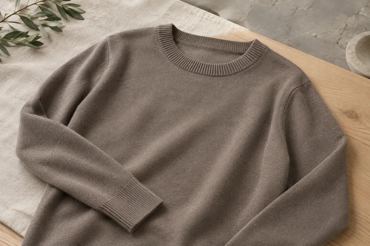 Pull femme en laine mérinos à col rond, posé sur du lin et du bois clair, avec sa maille jersey visible.