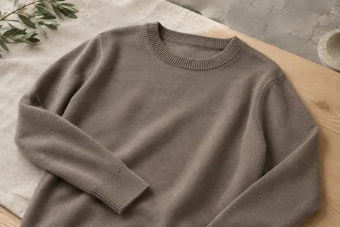 Pull femme en laine mérinos à col rond, posé sur du lin et du bois clair, avec sa maille jersey visible.