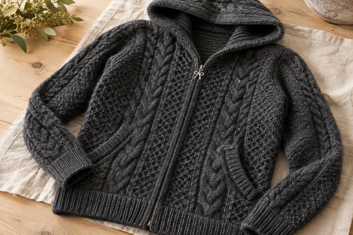 Cardigan SAOL gris anthracite en mérinos, à maille Aran, capuche, poches inclinées et fermeture zippée.