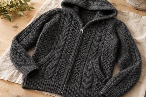 Cardigan SAOL gris anthracite en mérinos, à maille Aran, capuche, poches inclinées et fermeture zippée.