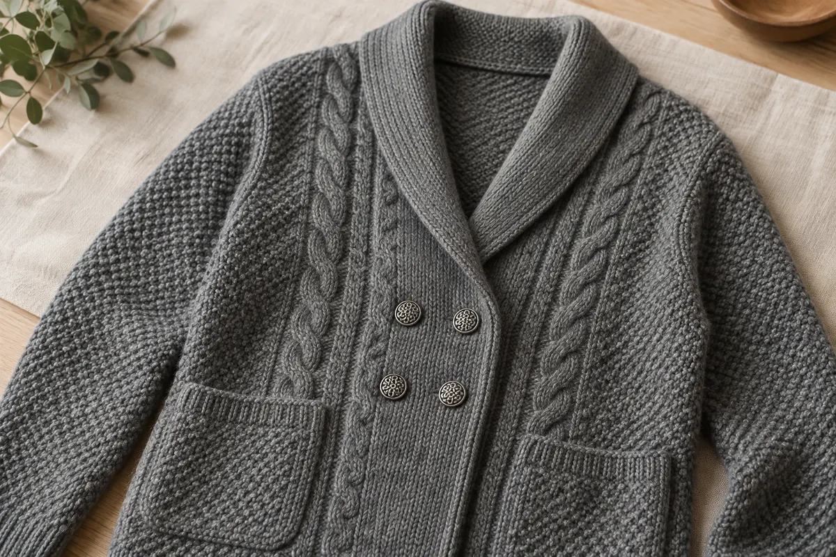 Cardigan gris en mérinos à col châle, motifs torsadés, boutons métalliques et deux poches avant