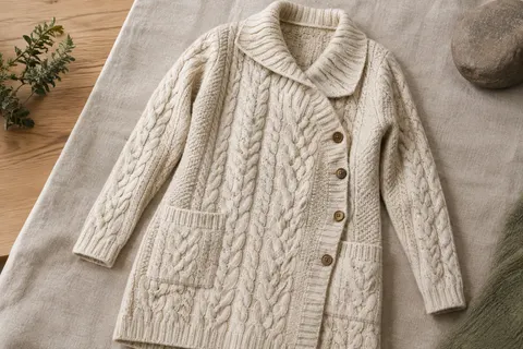 Cardigan SAOL en mérinos naturel à torsades Aran, avec col asymétrique, boutons latéraux et poches avant.