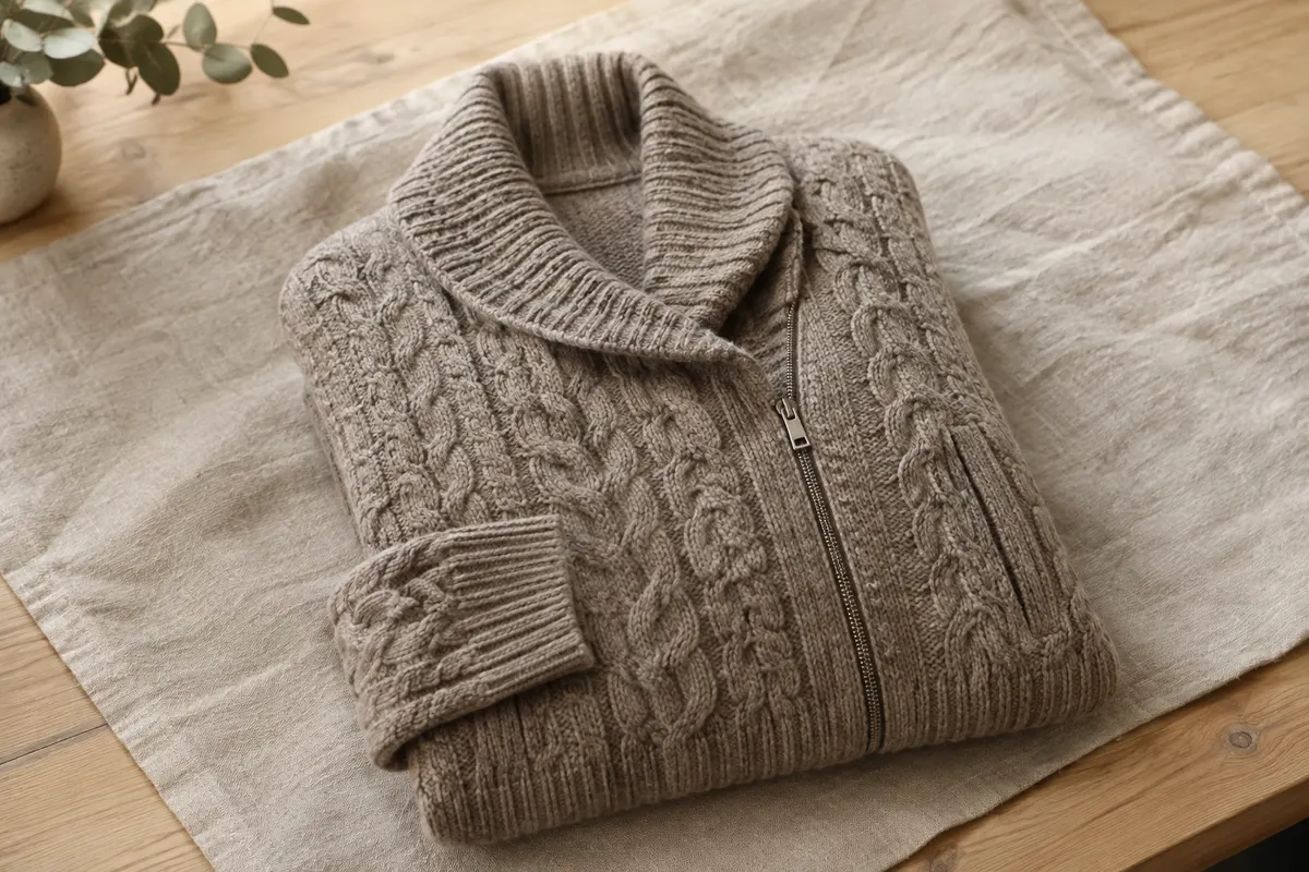Cardigan SAOL en mérinos à torsades Aran, avec col enveloppant, poches latérales et zip décentré.