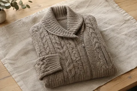 Cardigan SAOL en mérinos à torsades Aran, avec col enveloppant, poches latérales et zip décentré.