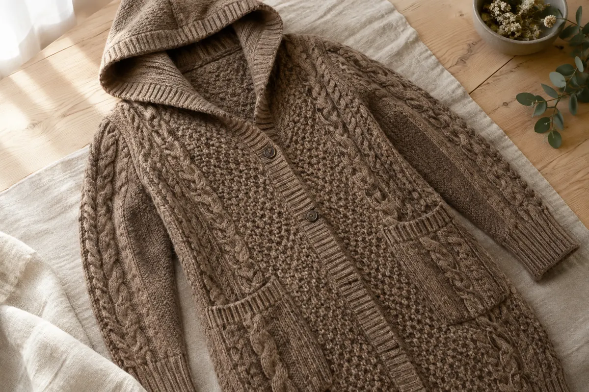 Cardigan long à capuche en laine mérinos avec motifs Aran et poches avant, posé sur du lin naturel.