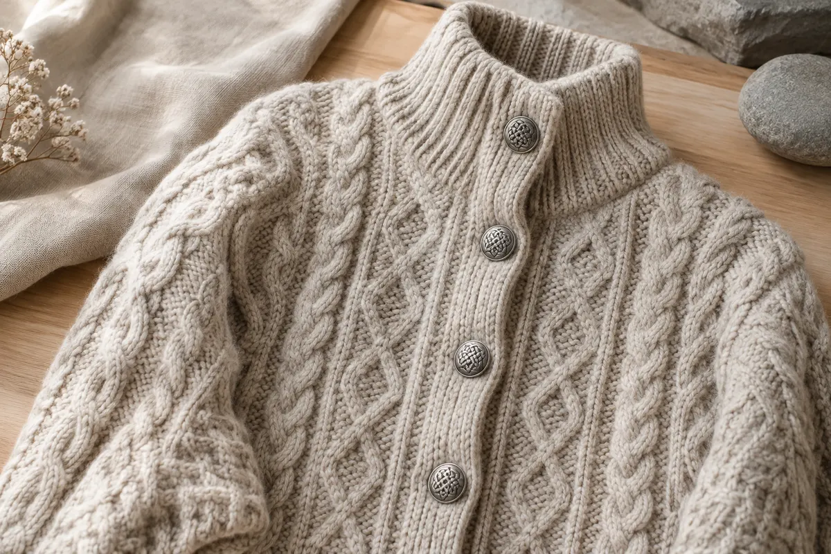 Cardigan long en mérinos à torsades Aran, col relevé et boutons celtiques argentés sur bois clair.