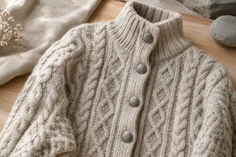 Cardigan long en mérinos à torsades Aran, col relevé et boutons celtiques argentés sur bois clair.