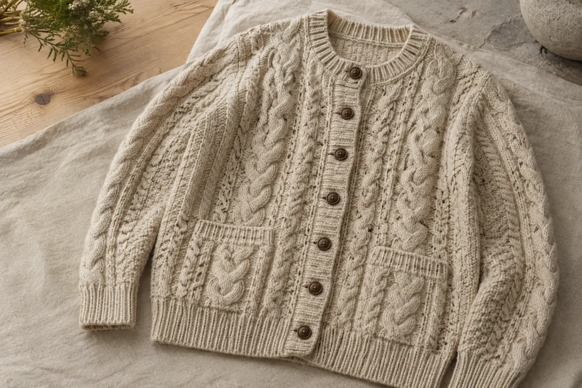 Cardigan en laine mérinos à torsades Aran, boutons bruns et deux poches avant présenté sur du lin.